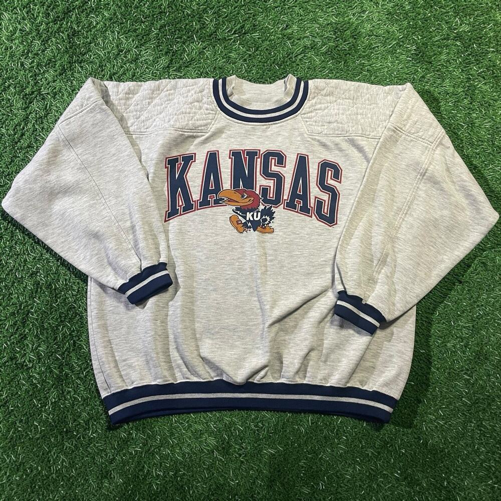 Vtg 90s Kansas Jayhawks Gear For Sports Quilted Crewneck Sweatshirt Gray XL